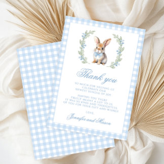 Carte De Remerciements Cute Blue Bunny Easter Gingham Baby Boy Shower