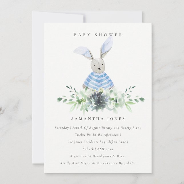 Carte De Remerciements Cute Blue Bunny Jardin de feuillage Baby shower In (Devant)