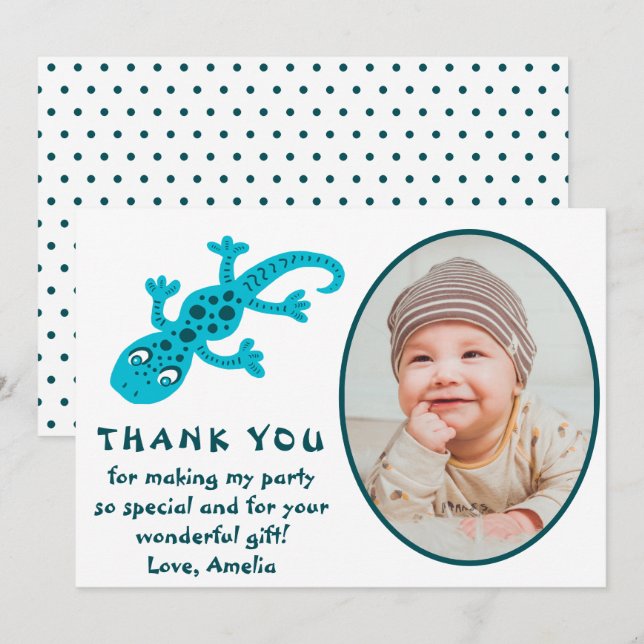 Carte De Remerciements Cute Blue Gecko Lizard Photo Enfant Anniversaire (Devant / Derrière)