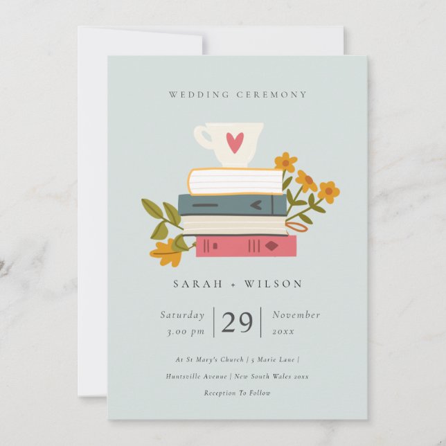 Carte De Remerciements Cute Blue Grey Stacked Livres Floral Wedding Invit (Devant)