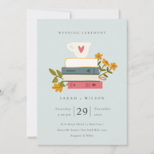 Carte De Remerciements Cute Blue Grey Stacked Livres Floral Wedding Invit