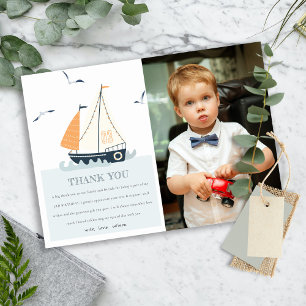 Carte De Remerciements Cute Blue Nautical Sailboat Kids Photo Anniversair