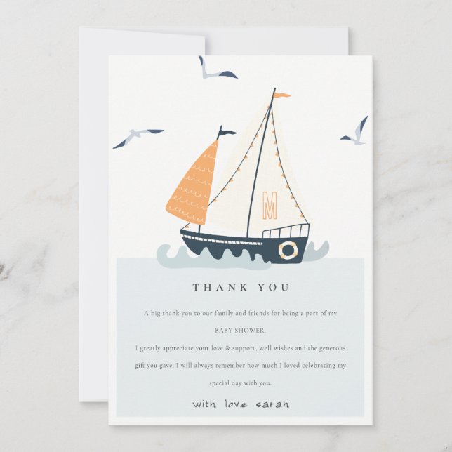 Carte De Remerciements Cute Blue Nautical Sailboat Pastel Baby shower (Devant)