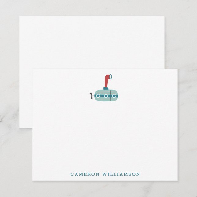 Carte De Remerciements Cute Blue Sous-marin Bateau Stationery personnalis (Devant / Derrière)