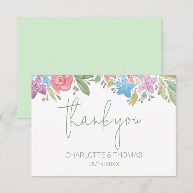 Carte De Remerciements Cute Boho Fleur sauvage Aquarelle peinte à la main (Devant / Derrière)