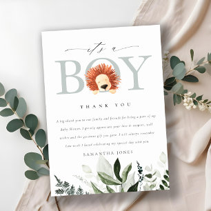 Carte De Remerciements Cute Boho Lion Foliage C'est un Baby shower garçon