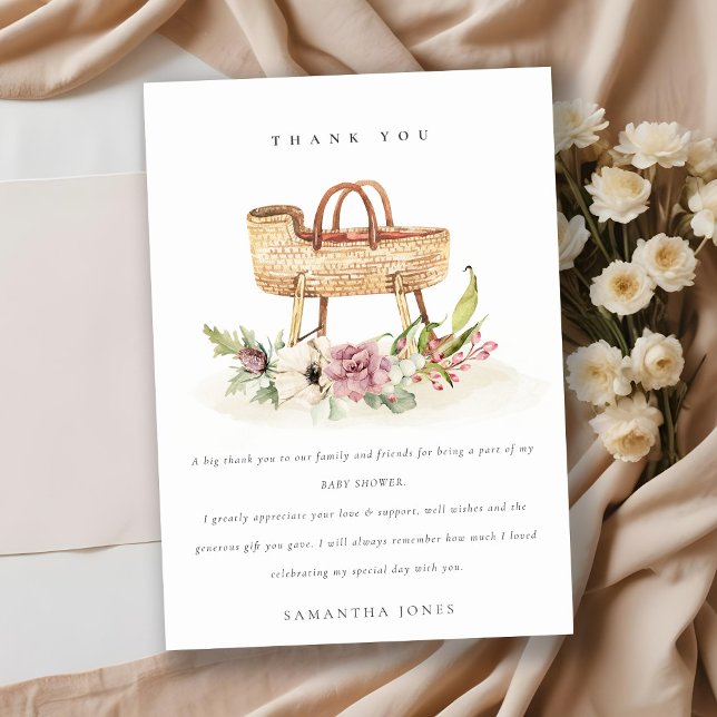 Carte De Remerciements Cute Boho Nursery Baby shower rose Floral Bassinet (Créateur téléchargé)