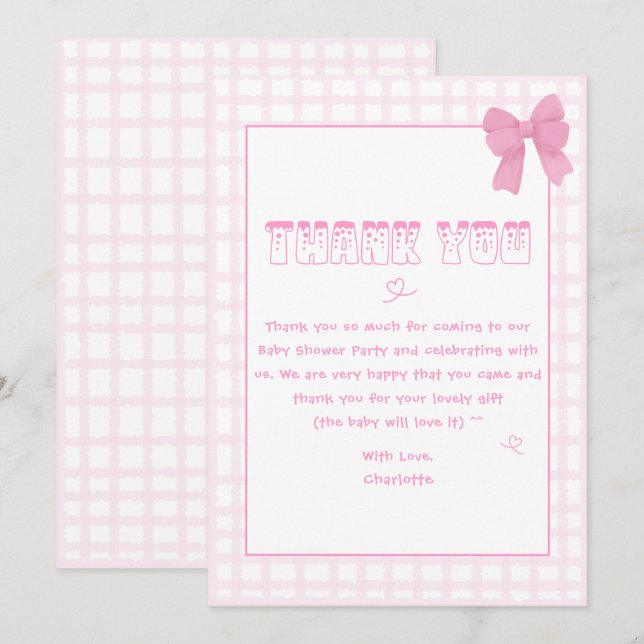 Carte De Remerciements Cute Bow Pastel En vichy Baby shower rose (Devant / Derrière)