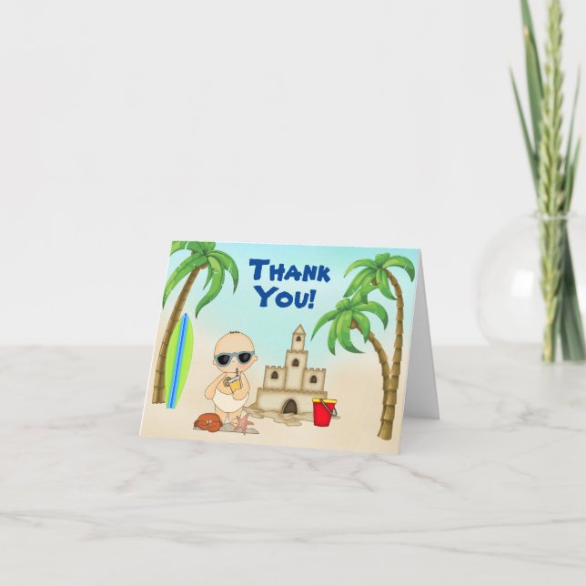 Carte De Remerciements Cute Boy Beach Baby Sandcastle and Surfboard (Devant)