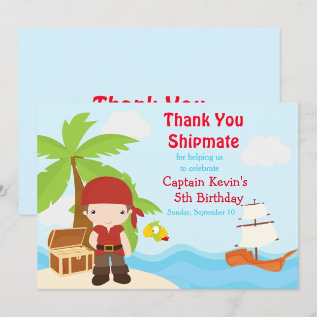 Carte De Remerciements Cute Brunette Pirate Boy Fête d'Anniversaire (Devant / Derrière)