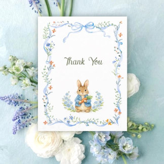 Carte De Remerciements Cute Bunny Boy Floral Blue Bow Baby Shower