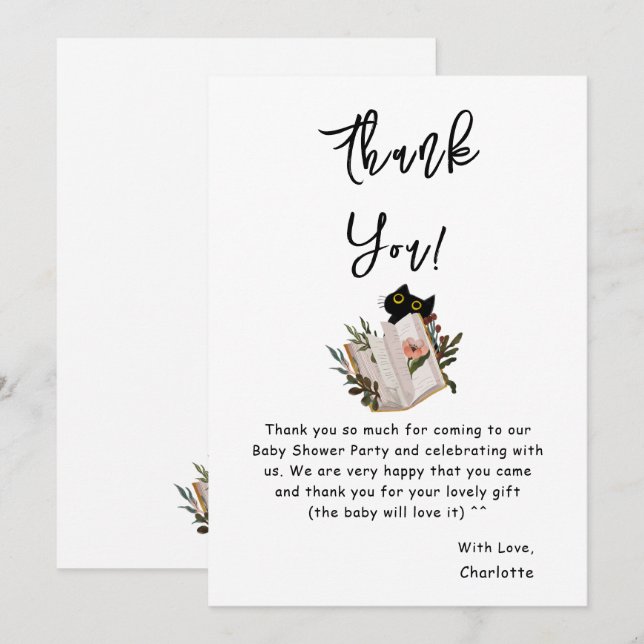 Carte De Remerciements Cute chat noir et Baby shower de livre (Devant / Derrière)