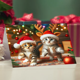 Carte De Remerciements Cute chatons avec le Père Noël et casquettes de re