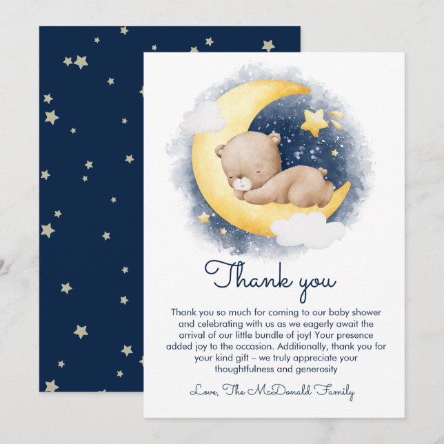 Carte De Remerciements Cute Crescent Moon Teddy Bear Baby shower (Devant / Derrière)