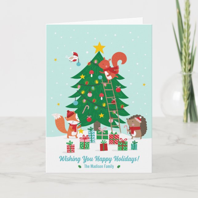 Carte De Remerciements Cute Deck Les Halls avec Animaux (Devant)