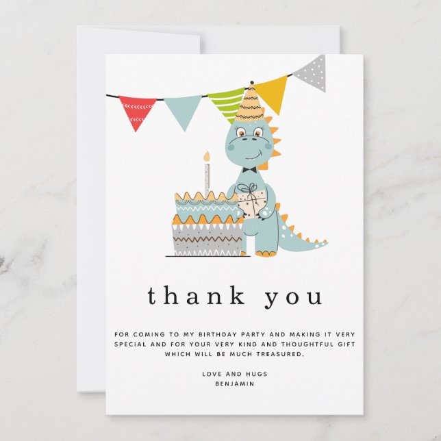 Carte De Remerciements Cute Dinosaur Anniversaire de enfant de gâteau Mer (Devant)