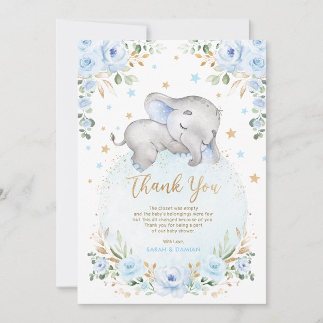Carte De Remerciements Cute Elephant Blue Gold Moon Stars Baby shower gar (Devant)