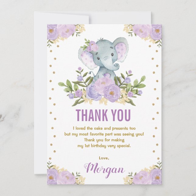 Carte De Remerciements Cute Eléphant Lavande Purple Or Floral (Devant)