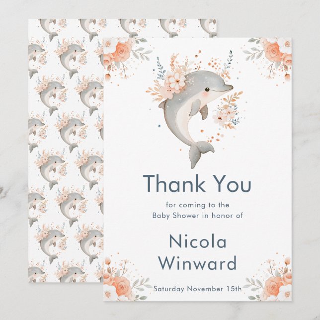 Carte De Remerciements Cute Floral Dolphin Baby Shower  (Devant / Derrière)
