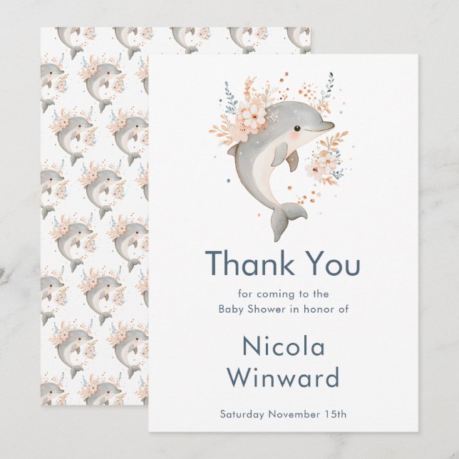 Carte De Remerciements Cute Floral Dolphin Baby Shower  (Devant / Derrière)