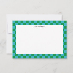 Carte De Remerciements Cute Fun Checkerboard bleu vert Nom géométrique