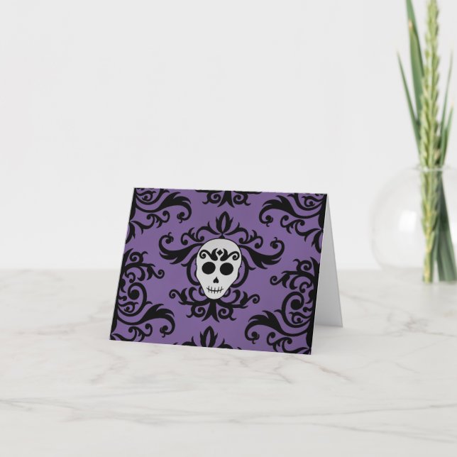 Carte De Remerciements Cute gothique crâne girly damassé noir violet (Devant)