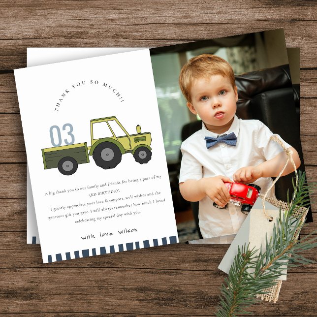 Carte De Remerciements Cute Green Blue Farm Tracteur Enfants Photo Annive (Créateur téléchargé)