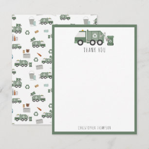 Carte De Remerciements Cute Green Recycling Véhicules Camion Enfants Nom