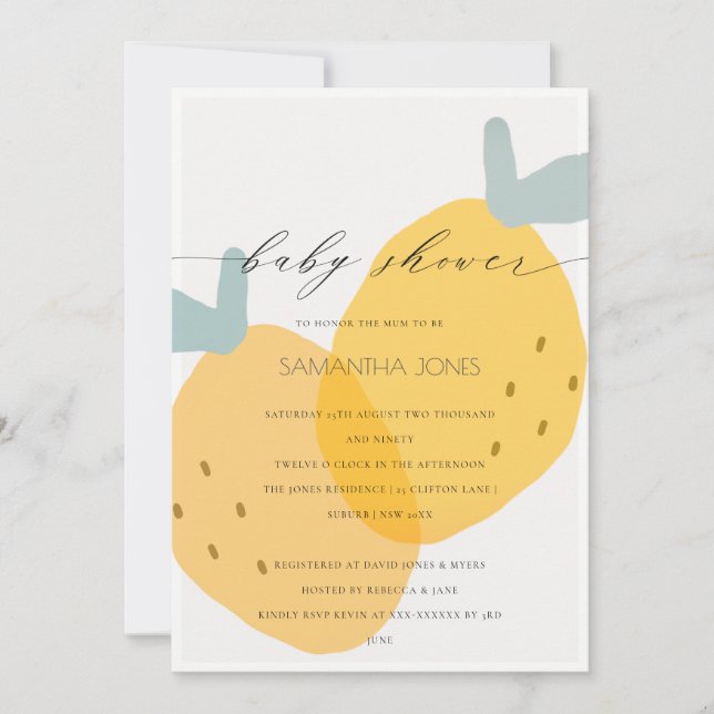 Carte De Remerciements Cute jaune citron fruité Baby shower d'agrumes Inv (Devant)