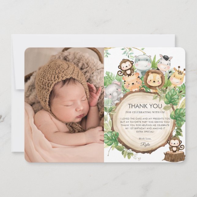 Carte De Remerciements Cute Jungle Animaux La verdure 1er anniversaire Ph (Devant)