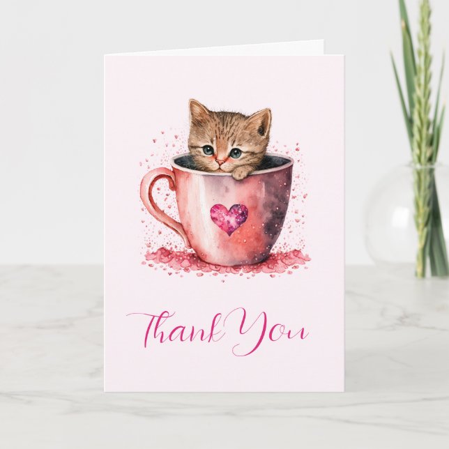 Carte De Remerciements Cute Kitten dans un Teacup avec les coeurs (Devant)