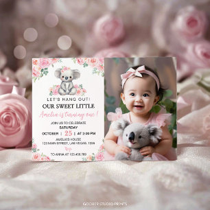 Carte De Remerciements Cute Koala Rose Floral Anniversaire Photo Invitati