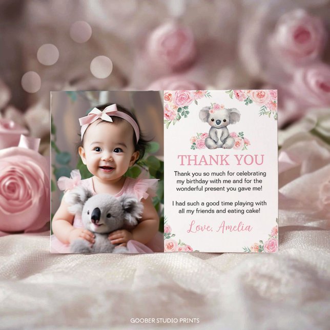 Carte De Remerciements Cute Koala rose Floral fête d'anniversaire Photo (Créateur téléchargé)