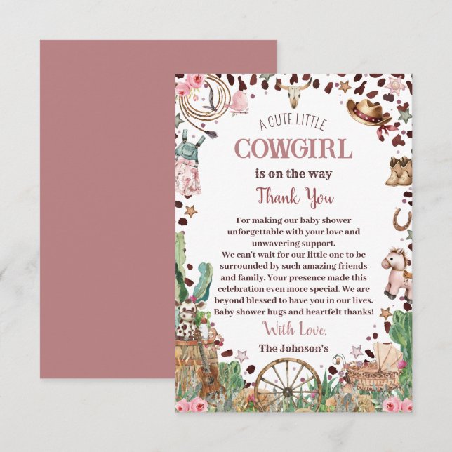 Carte De Remerciements Cute Little Cowgirl Western Aquarelle Baby shower (Devant / Derrière)