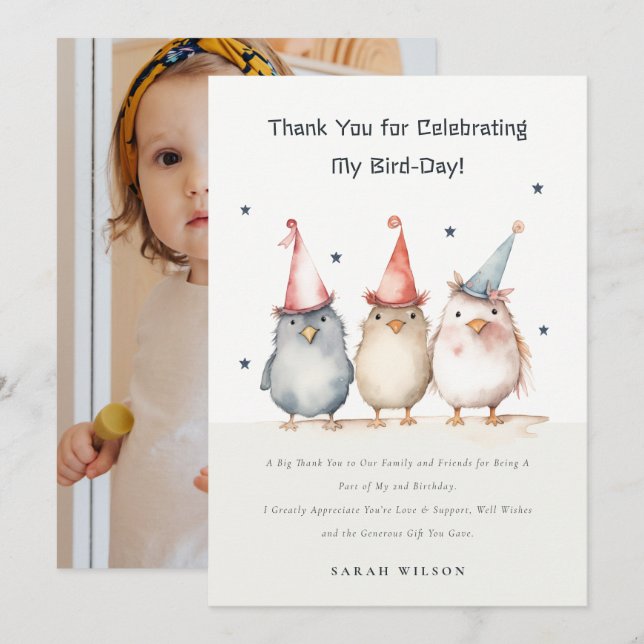 Carte De Remerciements Cute Little Party Birds Anniversaire de enfant Pho (Devant / Derrière)