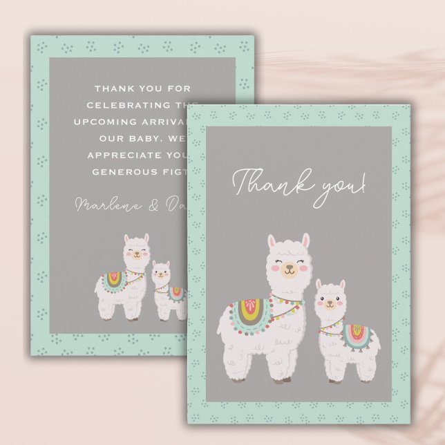 Carte De Remerciements Cute llama aqua et baby shower gris (Créateur téléchargé)