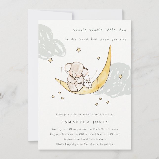 Carte De Remerciements Cute Moon Stars Elephant Bunny Baby shower Invitat (Devant)
