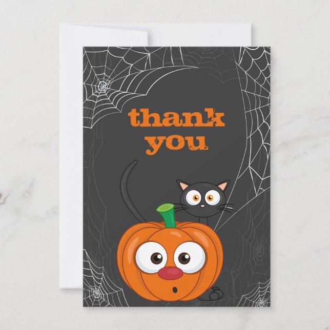 Carte De Remerciements Cute n Chat Éffrayant et plat Citrouille Halloween (Devant)
