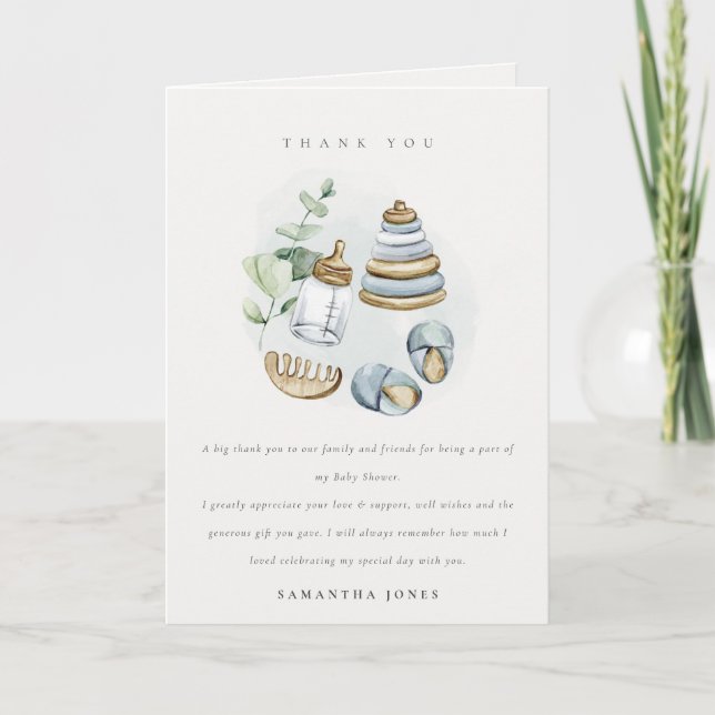 Carte De Remerciements Cute Nursery Essential Leafy Blue Boy Baby shower (Devant)