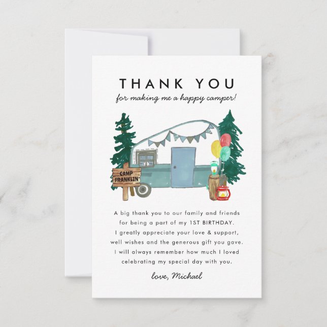 Carte De Remerciements Cute One Happy Camper Trees Camping 1er anniversai (Devant)