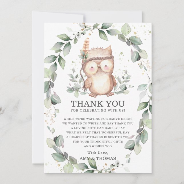 Carte De Remerciements Cute Owl Baby shower de verdure rustique Anniversa (Devant)