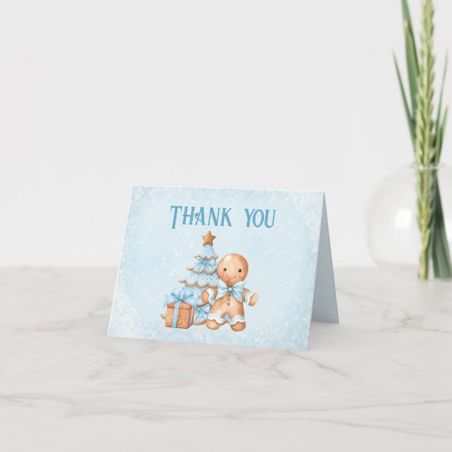 Carte De Remerciements Cute pain d'épices bleu garçon Baby shower de Noël (Devant)