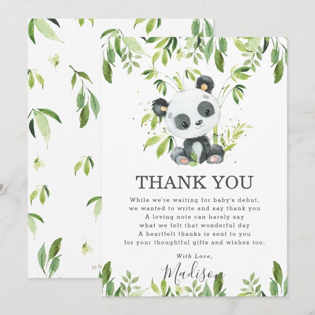 Carte De Remerciements Cute Panda Baby shower vert genre neutre (Devant / Derrière)