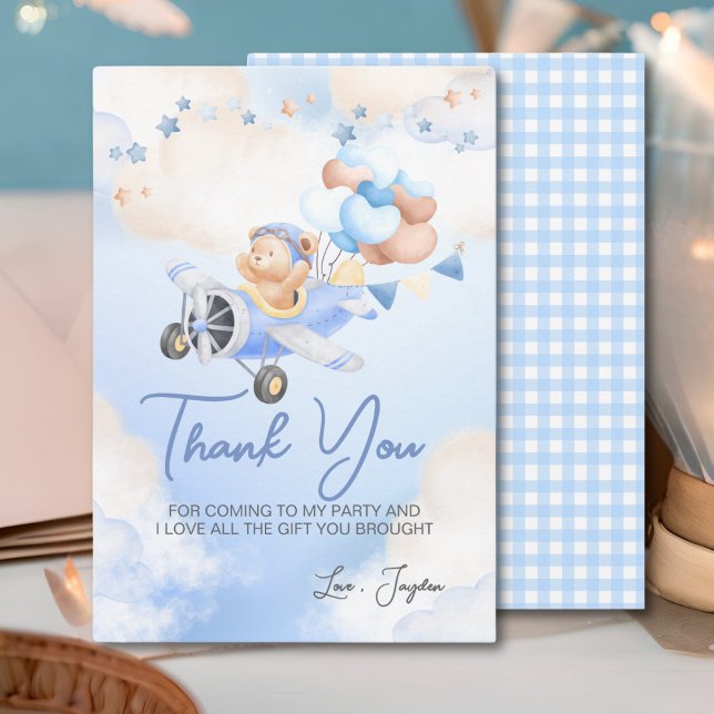Carte De Remerciements Cute Pastel Bleu Brown Ours Bébé Sur Avion (Créateur téléchargé)