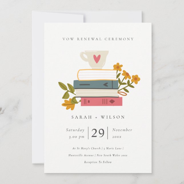 Carte De Remerciements Cute Pastel Stack Books Floral Vow Renewal Invitat (Devant)