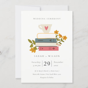 Carte De Remerciements Cute Pastel Stacked Books Floral Wedding Invite