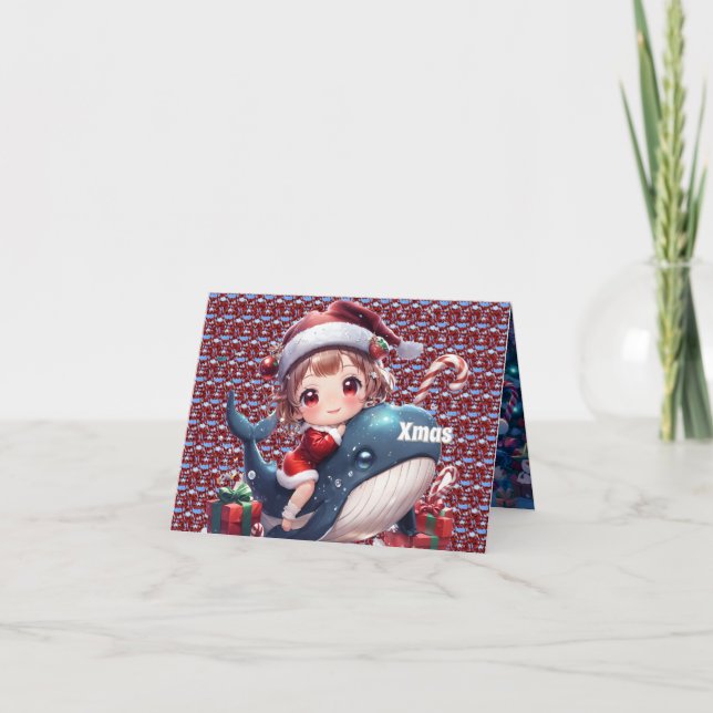 Carte De Remerciements Cute Père Noël Girl en costume de baleine (Devant)