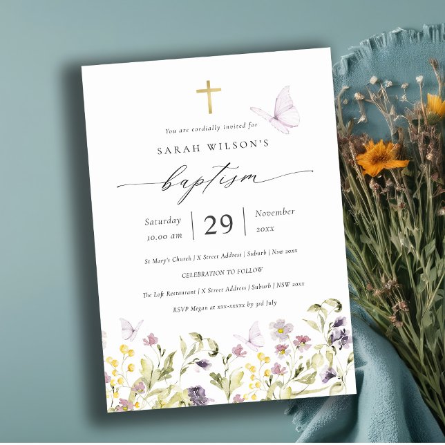Carte De Remerciements Cute Pink Meadow Floral Butterfly Baptism Invitati (Créateur téléchargé)