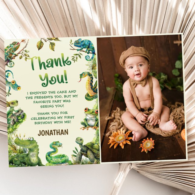 Carte De Remerciements Cute Reptile Thémé Enfant's Birthday Photo (Créateur téléchargé)