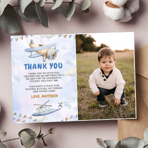 Carte De Remerciements Cute Retro Blue Avion 1er Anniversaire Photo